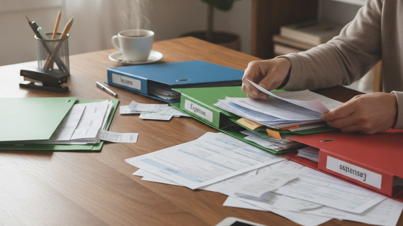 person organising financial statements and receipts into folders at a table