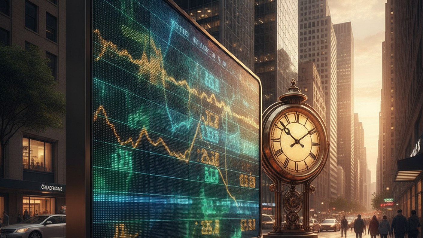 currency exchange rate board and a clock in a financial district setting