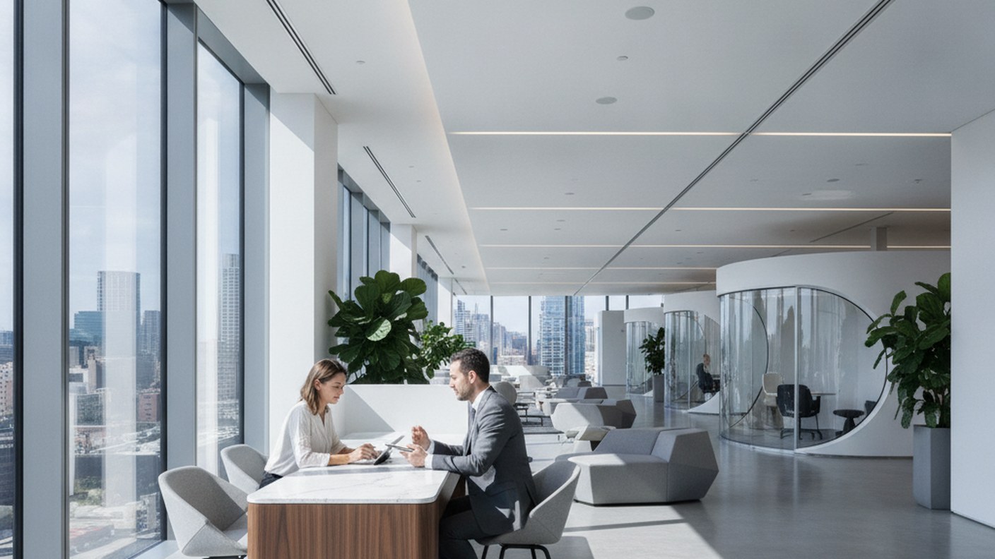 modern bank interior with a client at a service desk, daytime