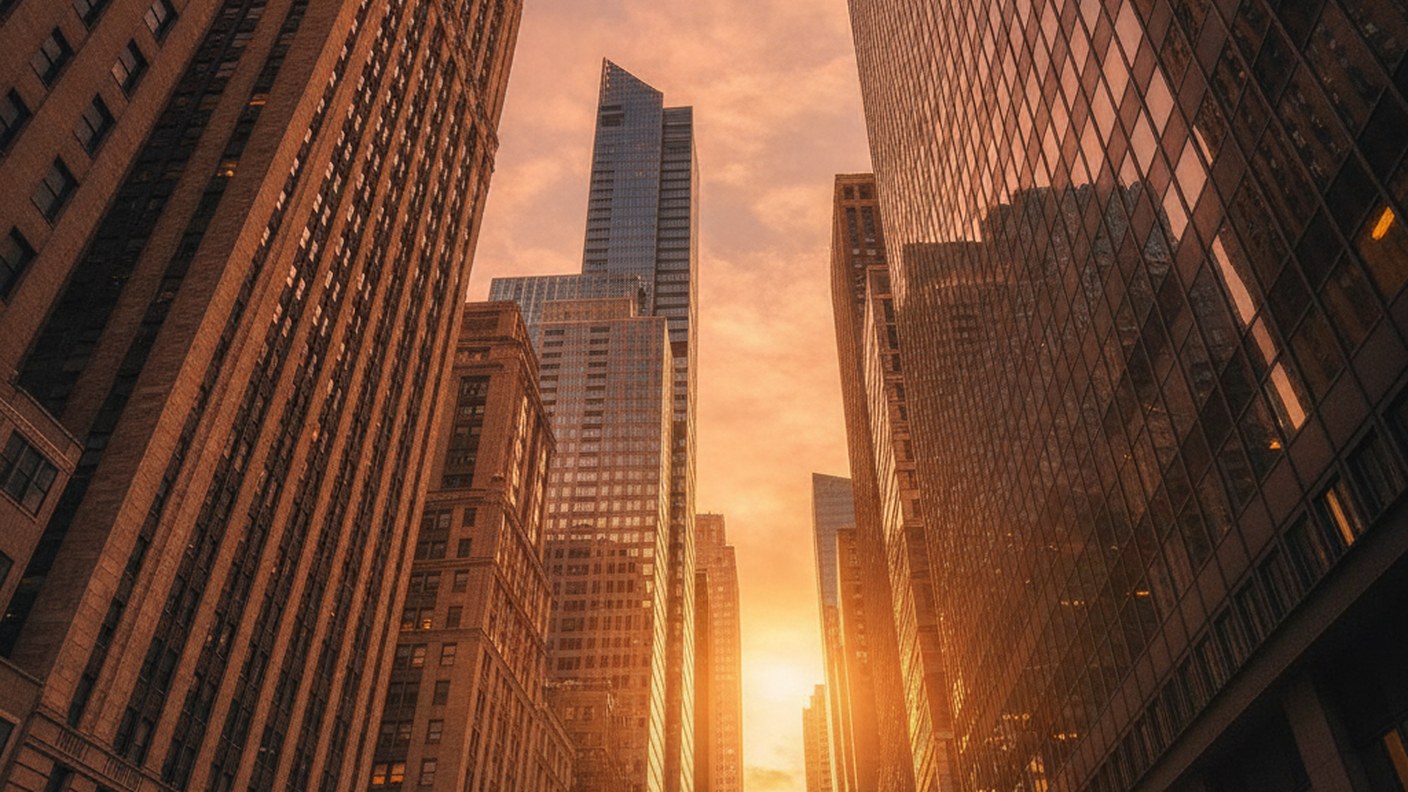 Manhattan financial district buildings viewed from below at golden hour