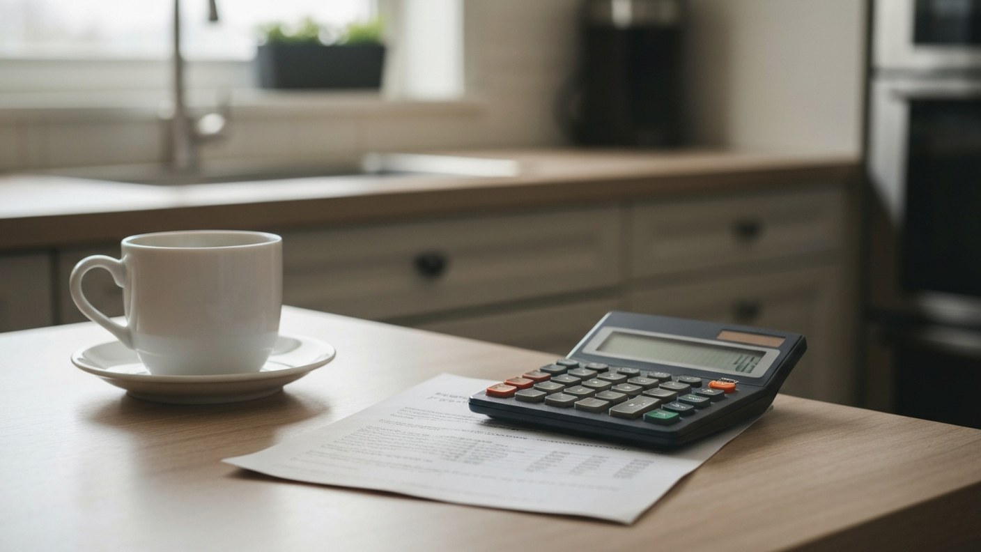 A property tax statement and calculator on a kitchen table with morning coffee, household finance re
