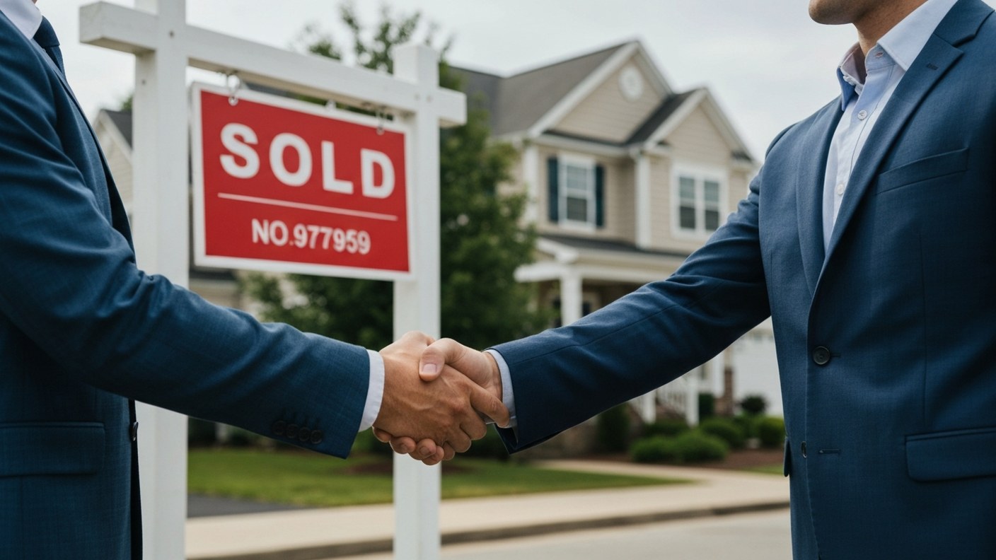 A sold sign in front of a residential building and a handshake between two people, transaction compl