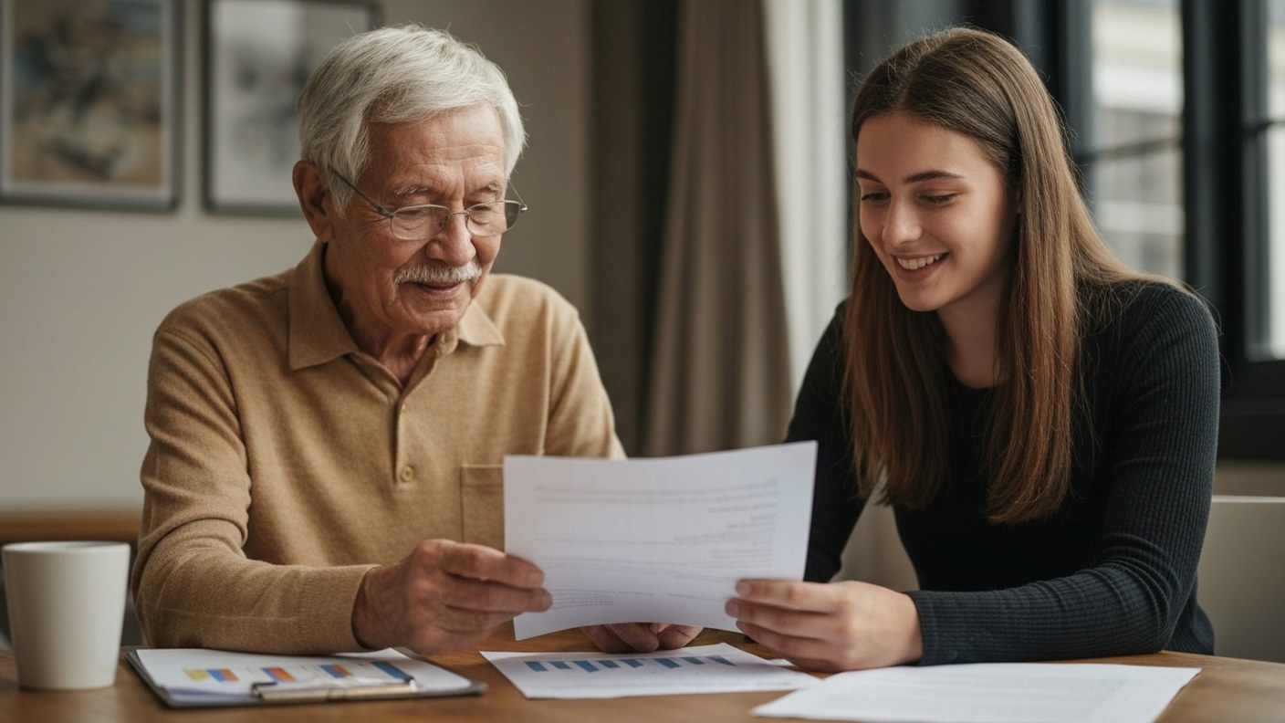 An older person and a younger person reviewing family documents together at a table, generational pl