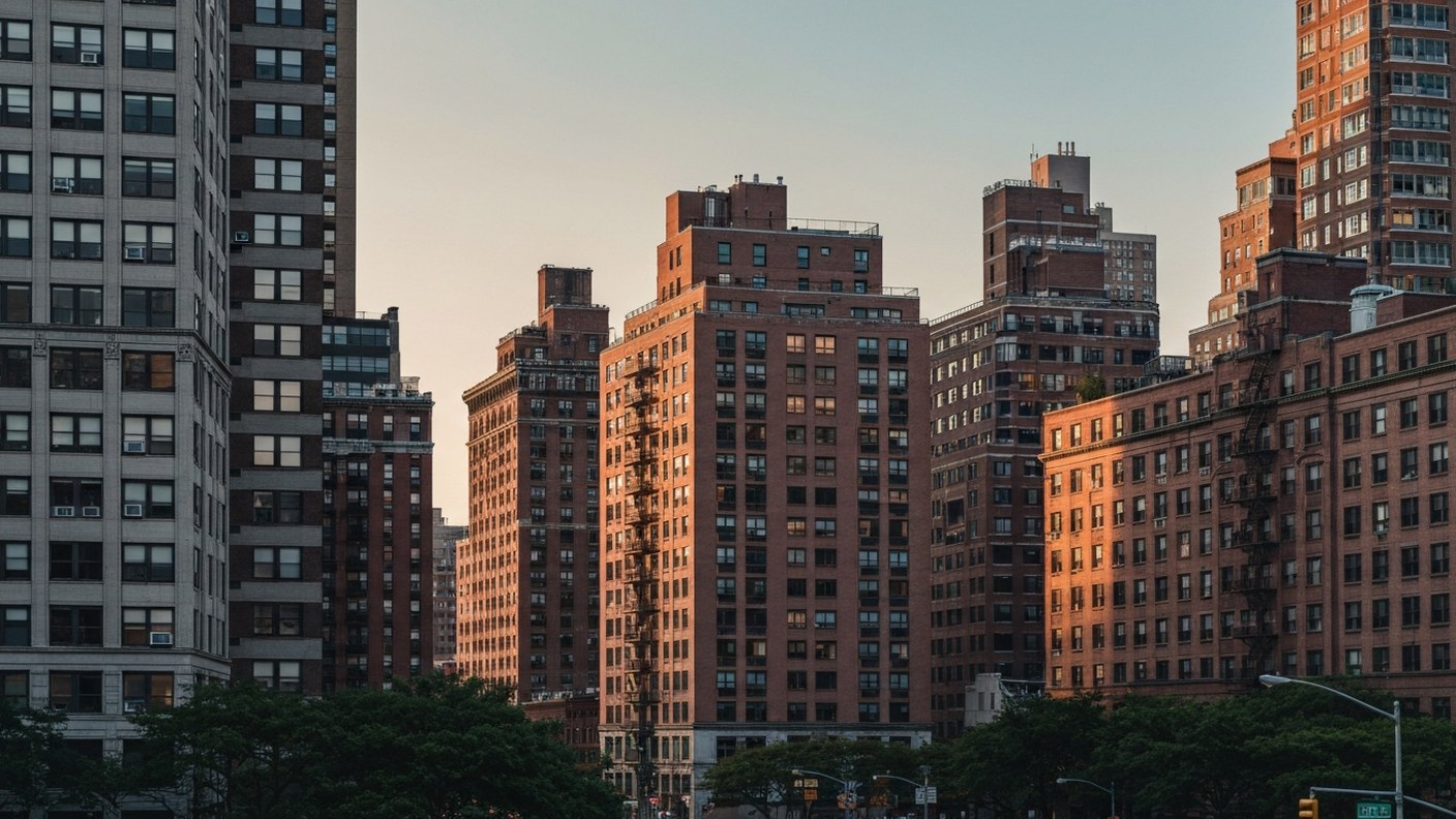 Manhattan residential buildings in soft evening light, a sense of long-term asset holding, editorial