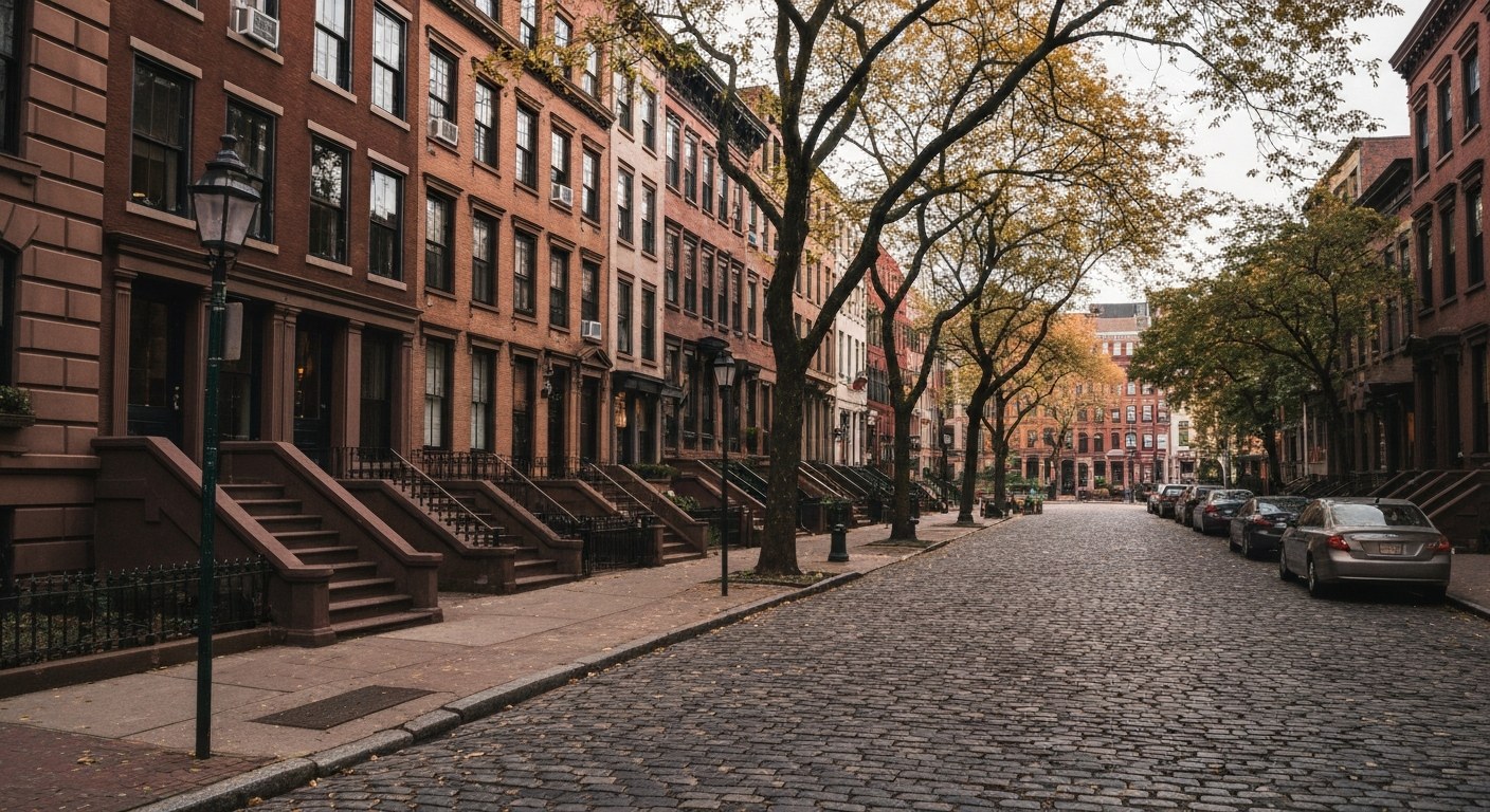 West Village brownstone street with trees, cobblestone, autumn light