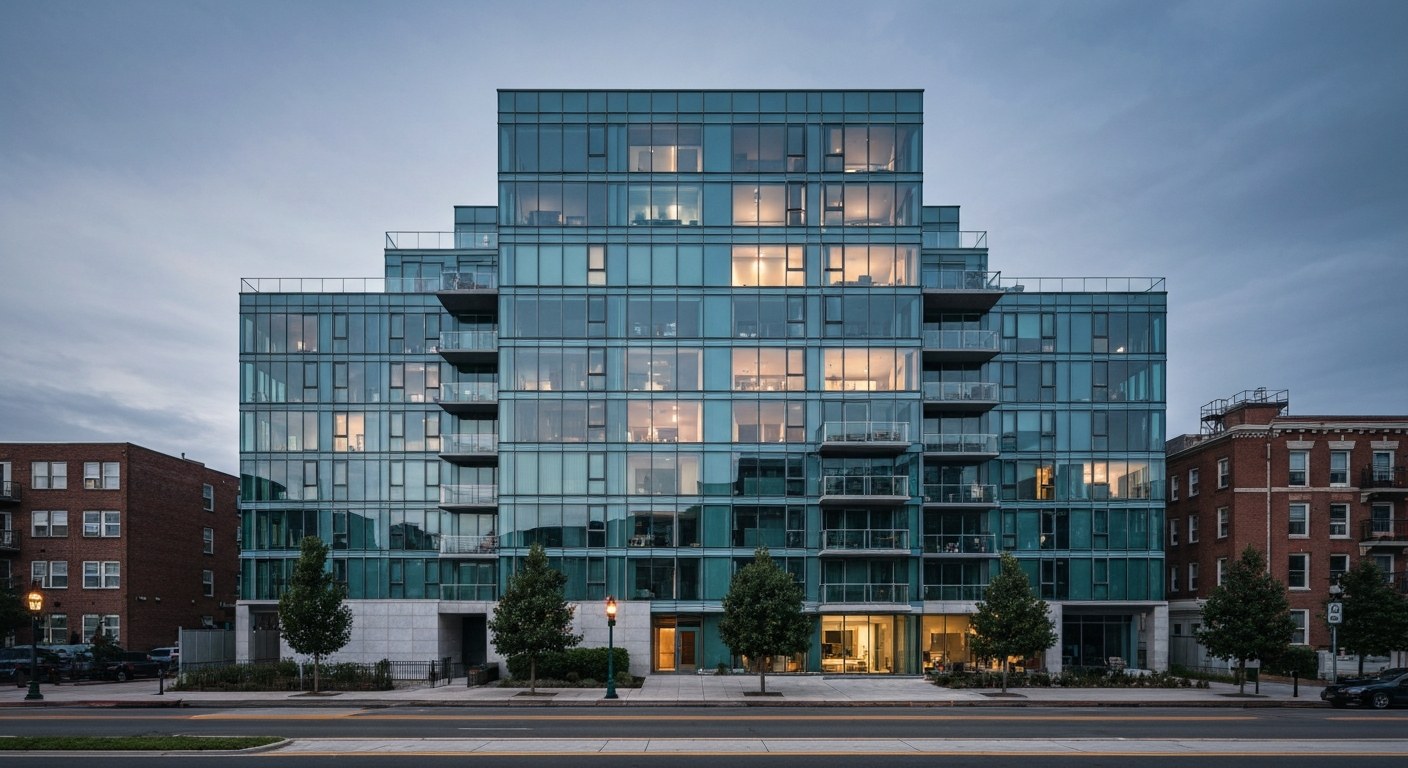 modern glass luxury condominium building in low-rise historic neighborhood, evening