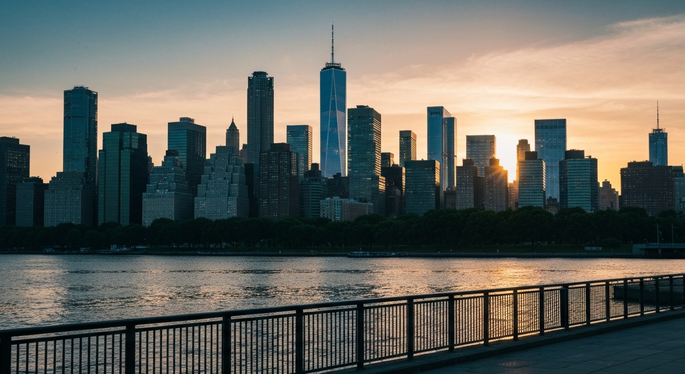 Hudson River Park sunset, Manhattan skyline