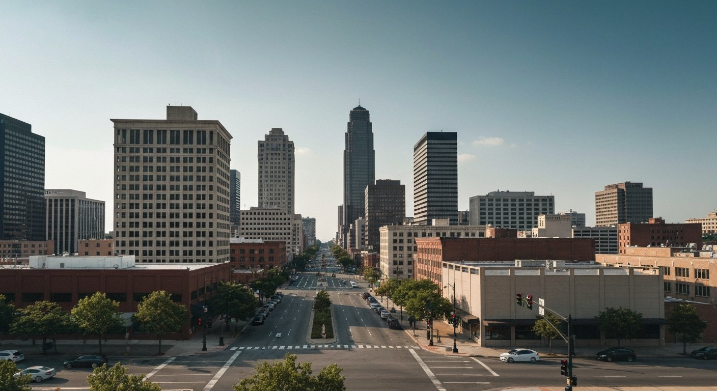 downtown skyline with mid rise buildings and city street, daytime