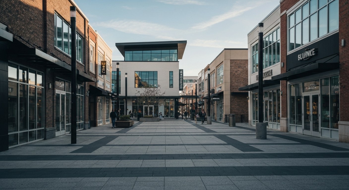 pedestrian shopping district with modern storefronts and plaza