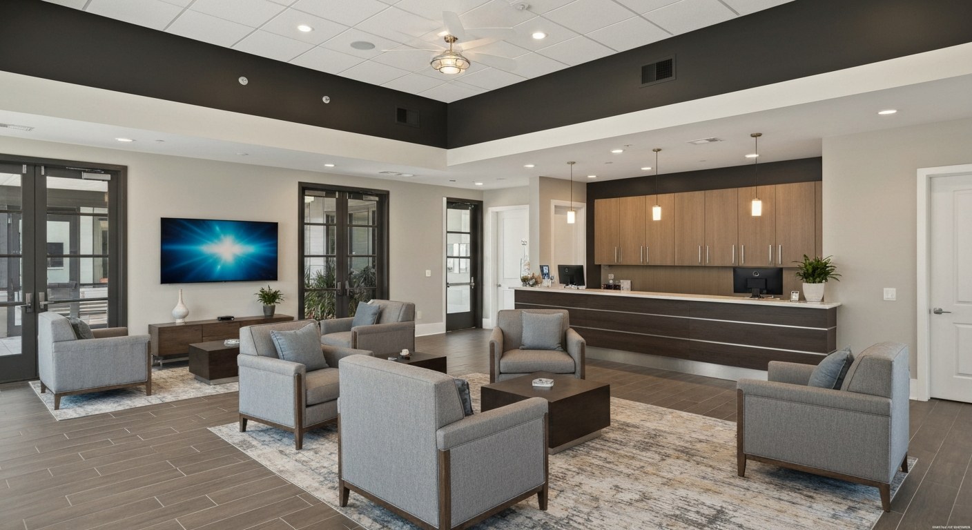 modern apartment building lobby with concierge desk and seating