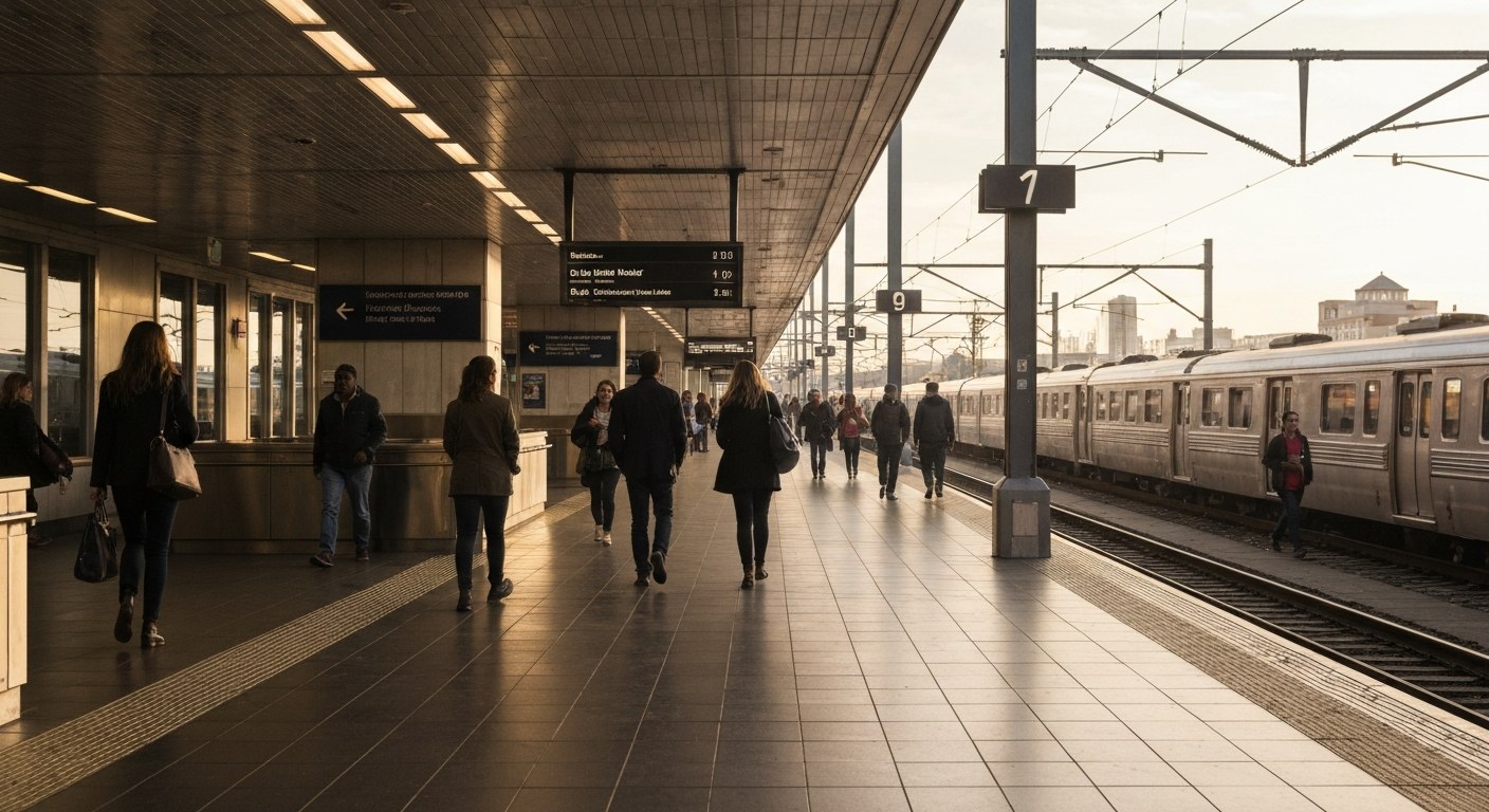 busy suburban train station concourse with commuters, morning light