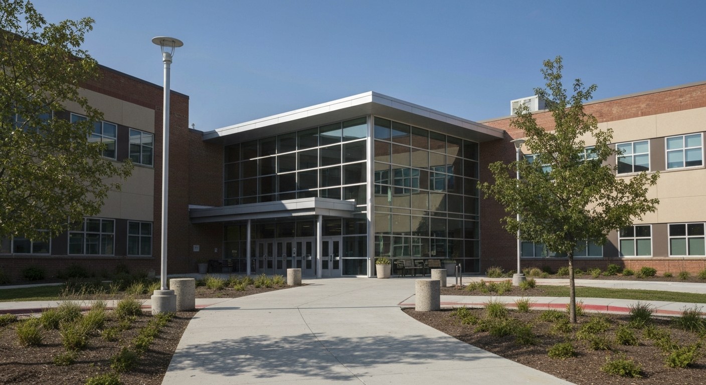 public school building with modern glass entrance and landscaping