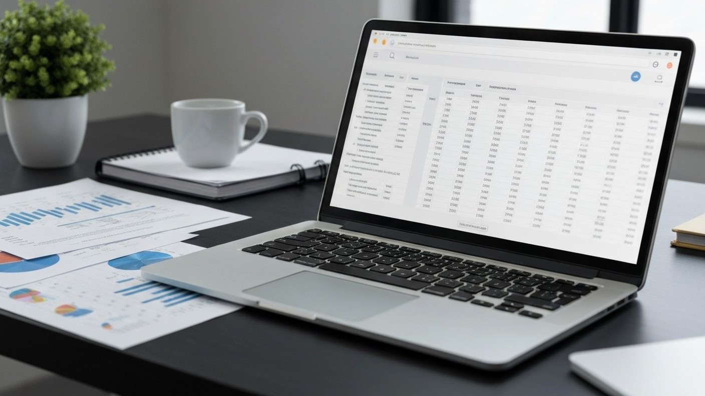 financial documents and laptop showing spreadsheet on a desk