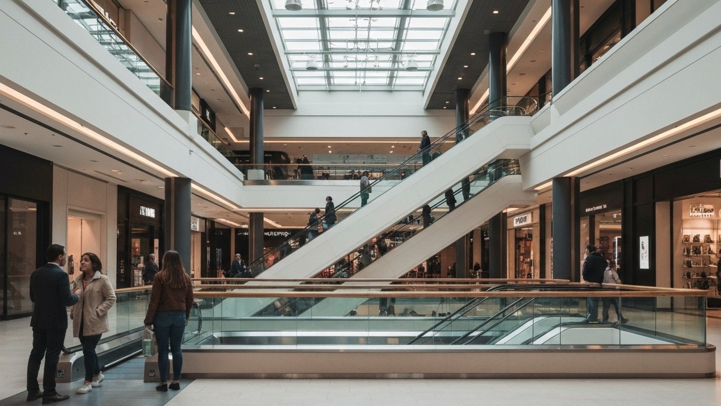 indoor shopping mall atrium with escalators and shoppers