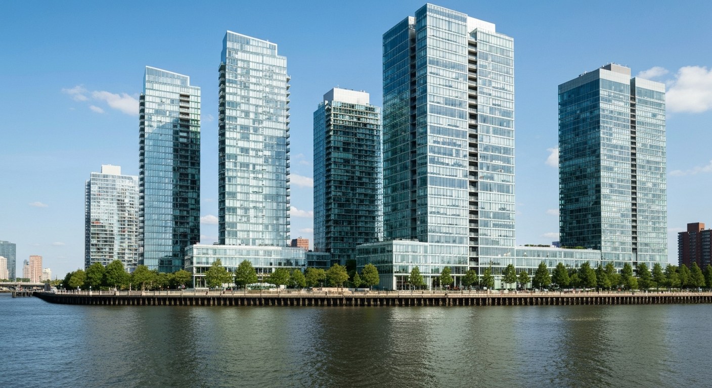 modern glass residential towers beside a riverside park, Brooklyn waterfront