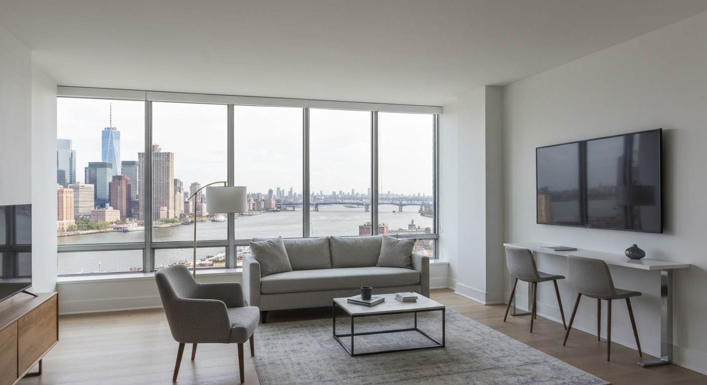 bright modern apartment interior with river and skyline view, Brooklyn