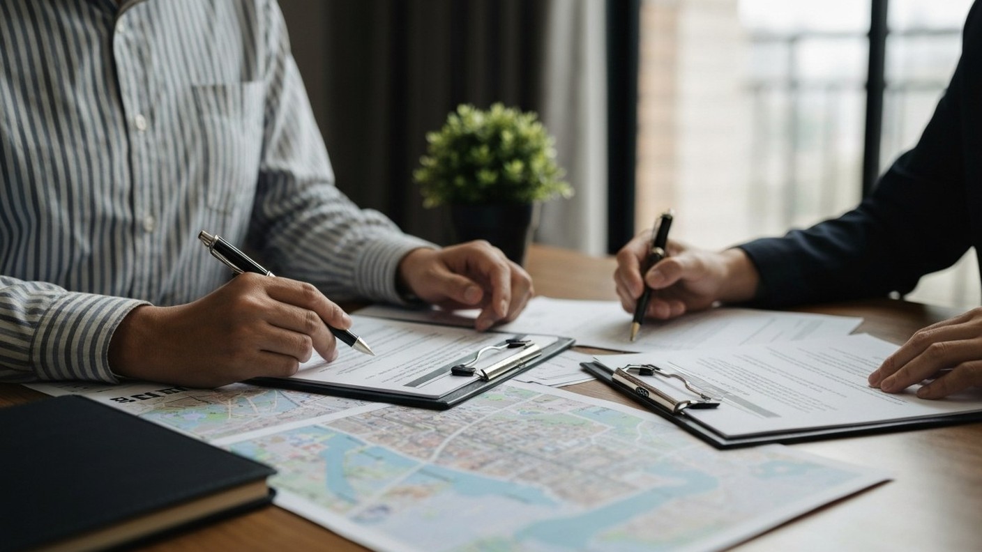 real estate consultation with contracts and neighborhood maps on a table