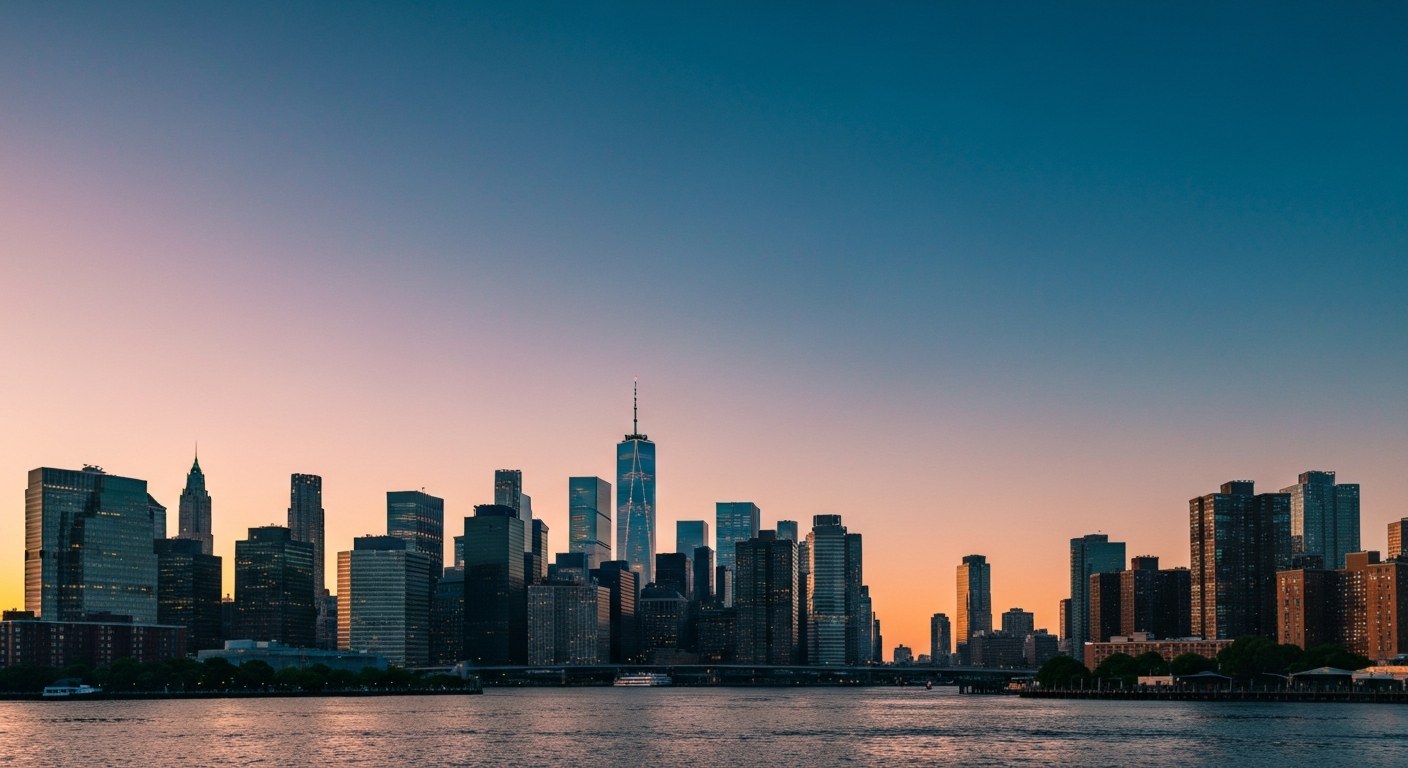 Brooklyn waterfront at sunset with Manhattan skyline across the river