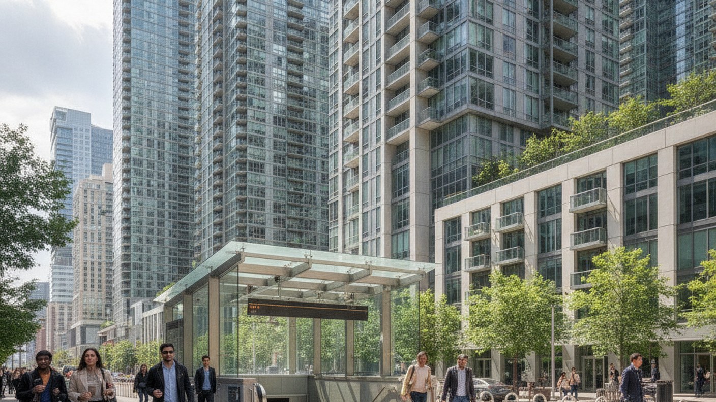 modern subway station entrance on Second Avenue with residential towers above, daytime