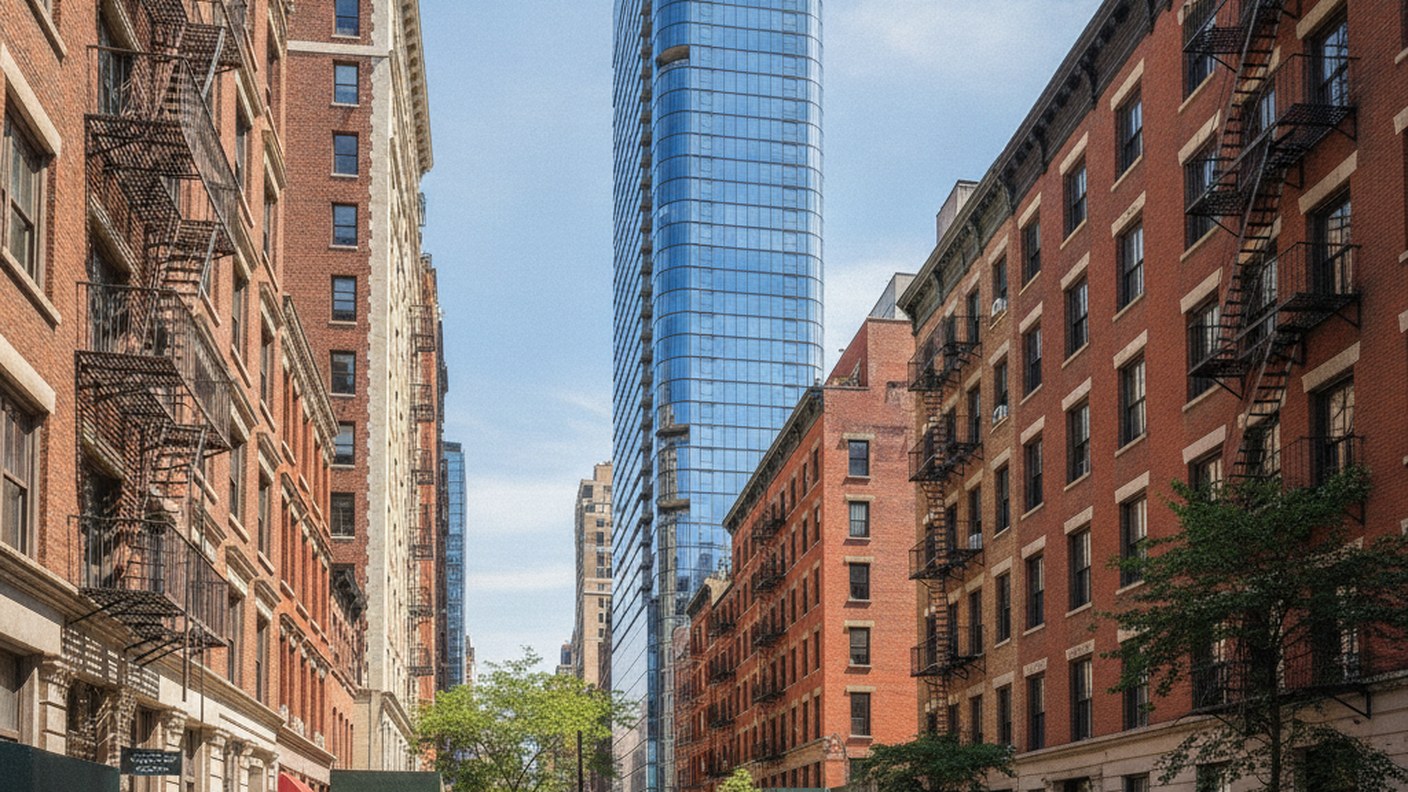 new glass condominium tower rising among older brick buildings, Upper East Side street view