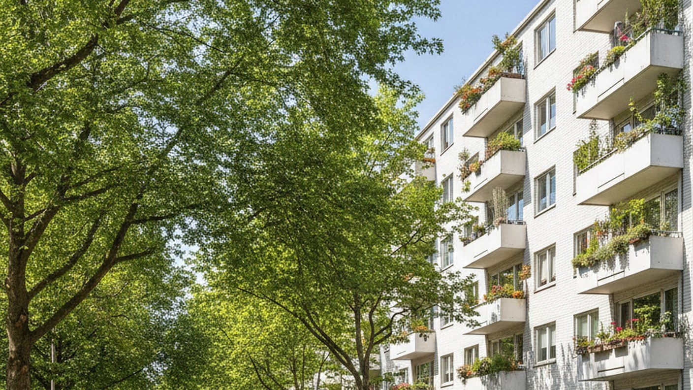 white brick postwar apartment building with balconies on tree-lined street, clear day