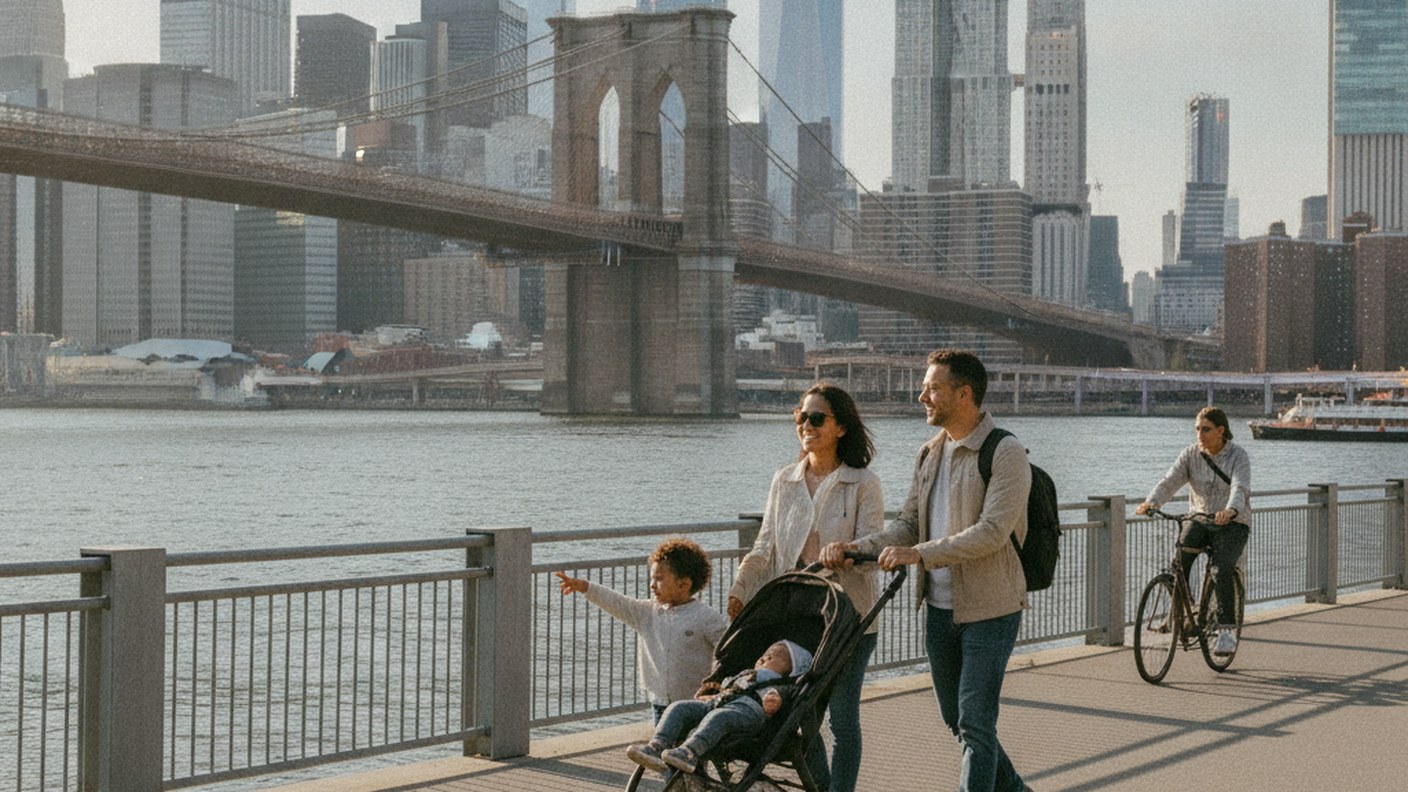family walking with stroller along East River esplanade with bridge view, weekend morning