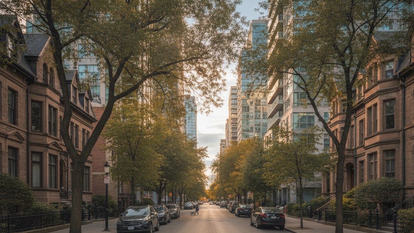 quiet Yorkville residential street with mix of old and new buildings, warm afternoon