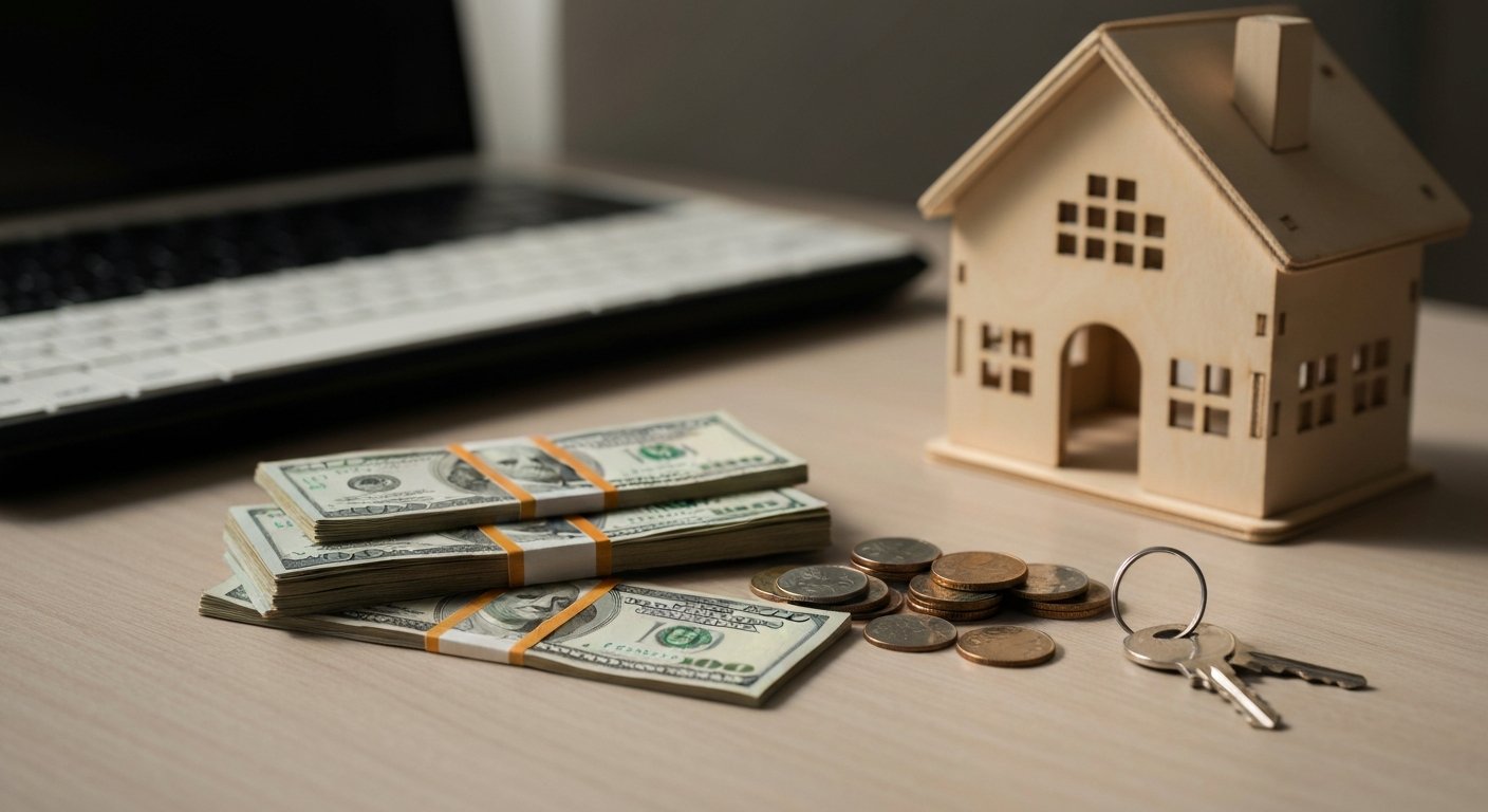 頭金として用意した米ドル紙幣と住宅模型
