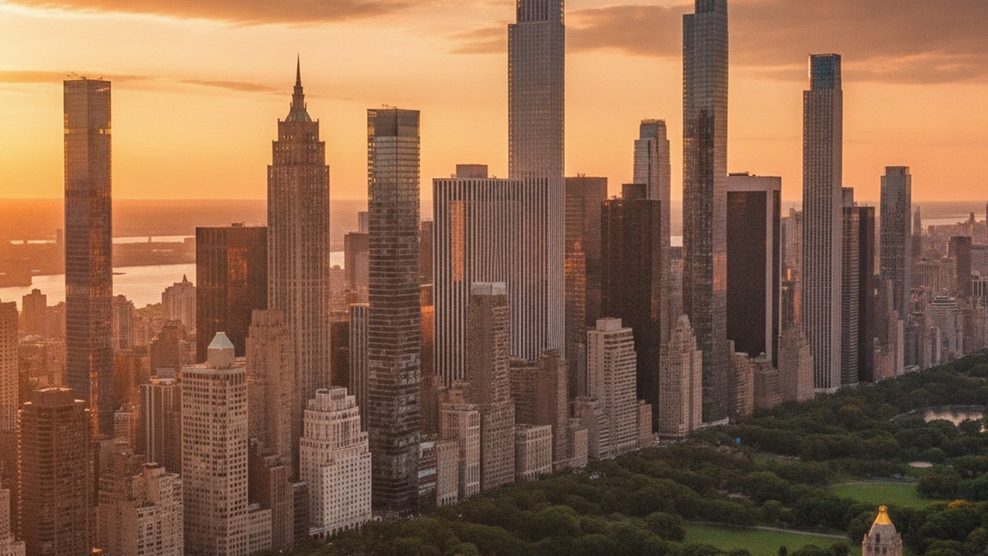 マンハッタンの高層マンションが並ぶ夕景