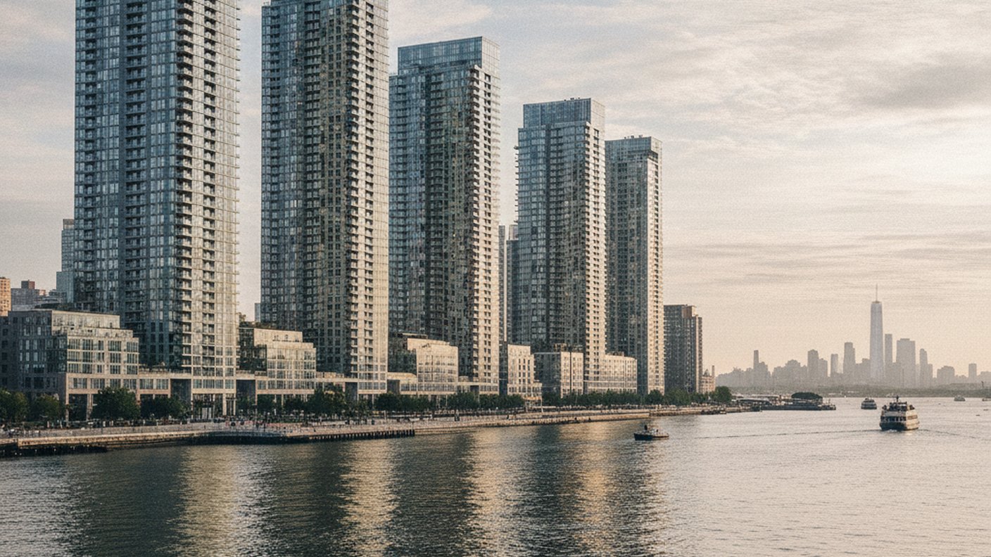 マンハッタンの高層マンションが並ぶ夕景
